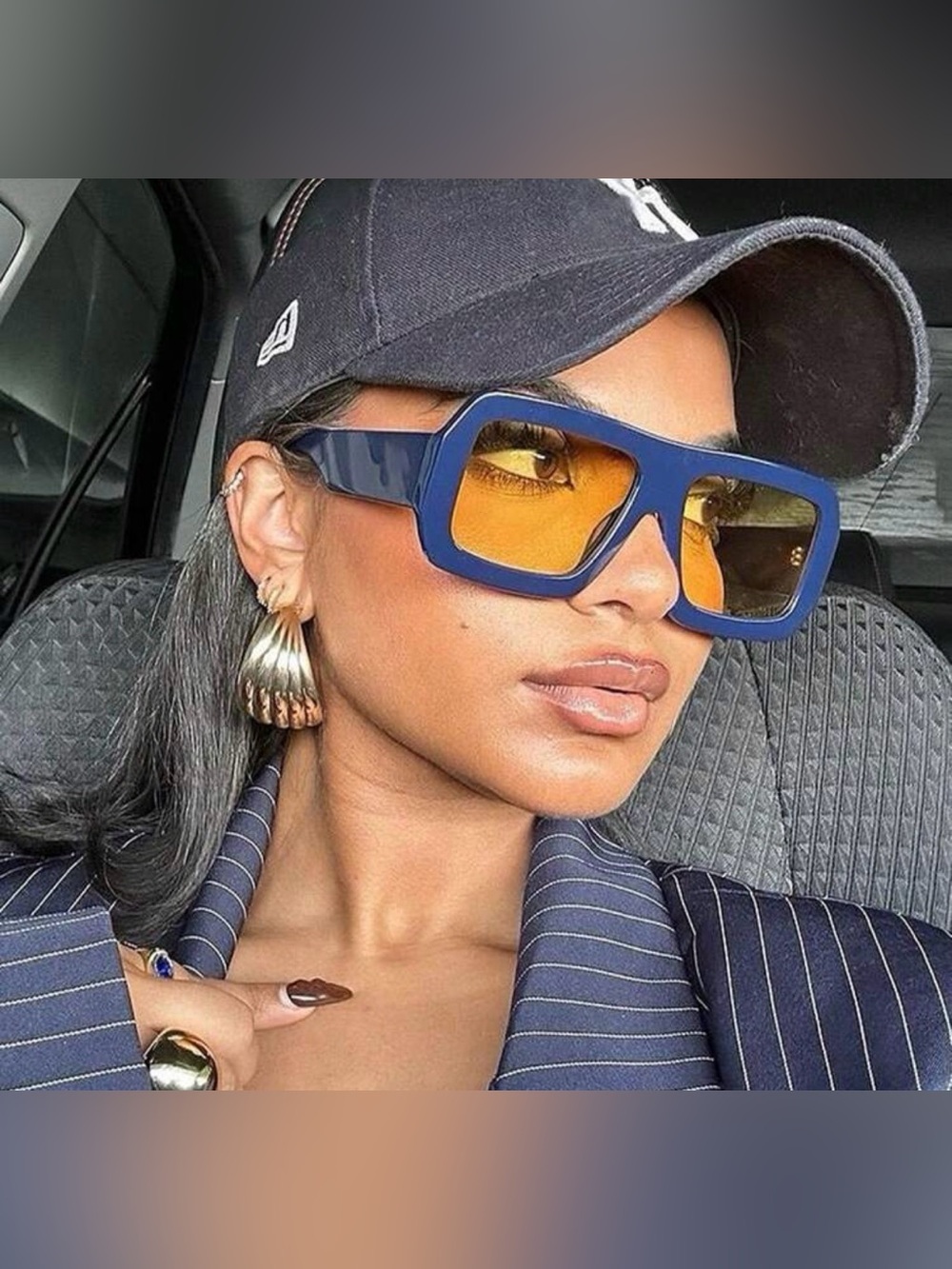Stylish Women's Oversized Blue Frame Sunglasses with Amber Lenses